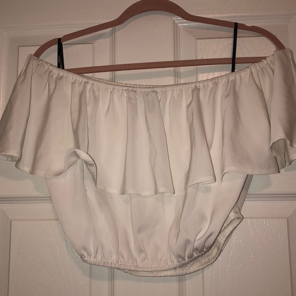 White Ruffled Off the Shoulder Crop Top - Picture 3 of 3